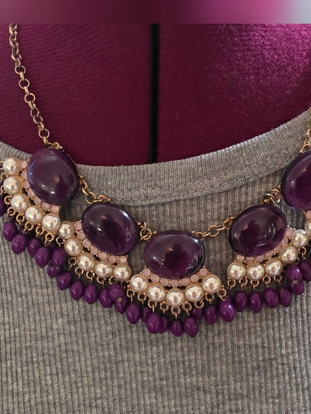 Statement Purple Beaded Bib Necklace  Vintage 90s
